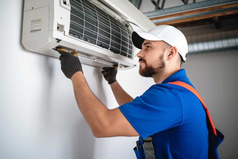 A person changing a furnace air filter in a residential basement utility area