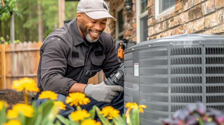 A resident replaces a pleated HVAC filter beside a clean return-air grille in a bright home.